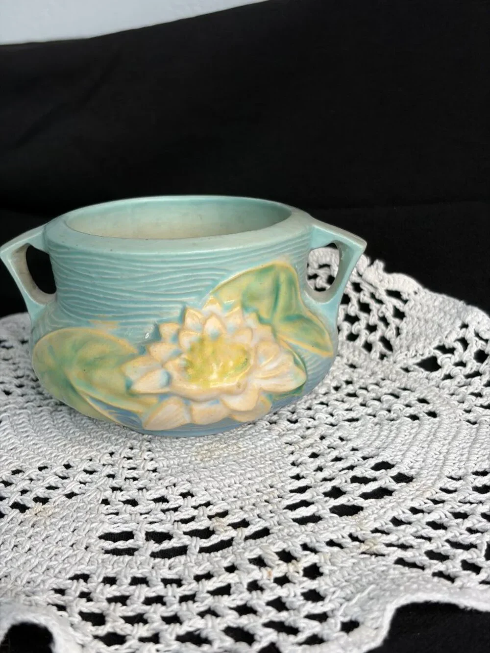Vintage Roseville Pottery Water Lily Blue Green Jardiniere Bowl 663-3